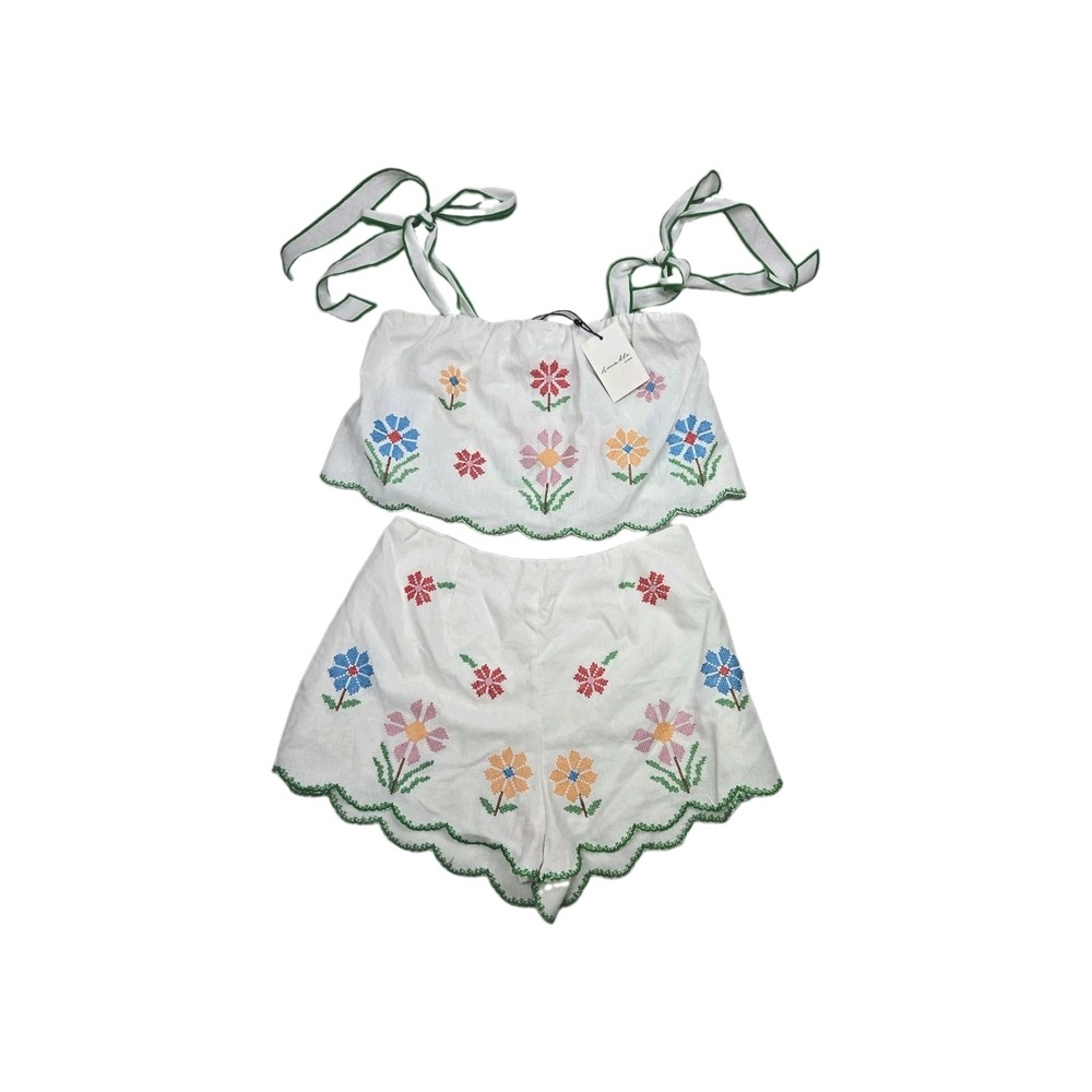 Amable By Mable In Bloom Embroidered Shorts Set Cross Stitch Floral Size Small